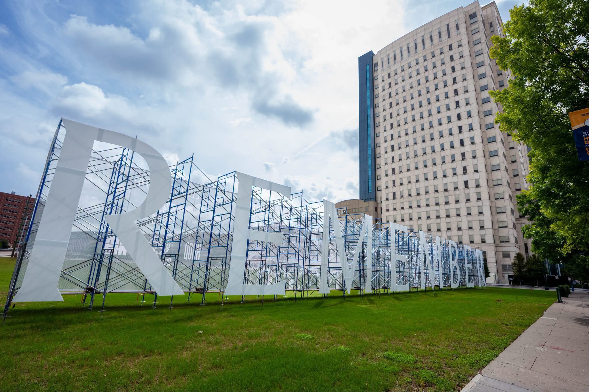 Scaffolding and mesh banner installation